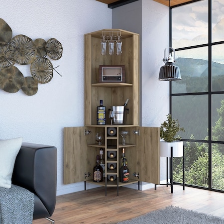 Shangai Corner Bar Cabinet, Two Shelves, Five Built-in Wine Rack-Aged Oak